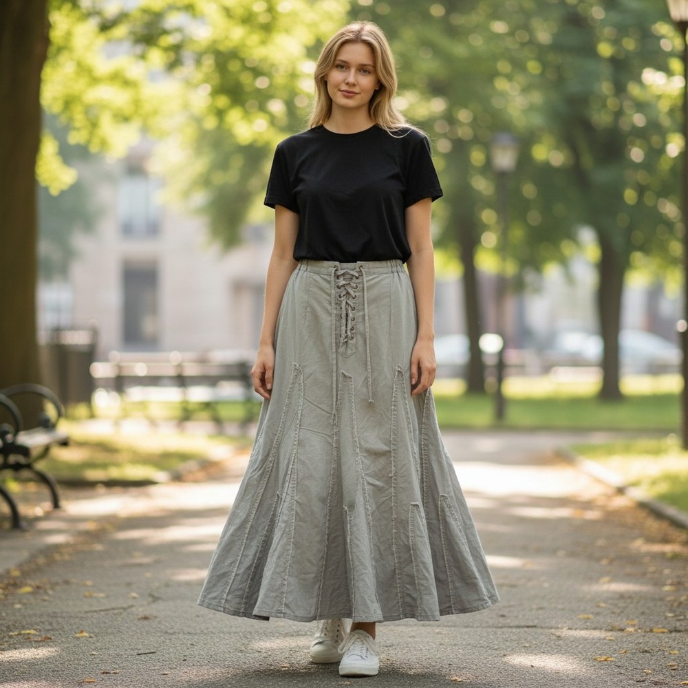 Cabi Boho Maxi Skirt Sage Green Grey Frayed‎ Raw Edge Lace Up Back Cotton XS 450